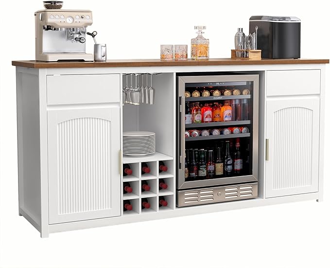 GDLF Extra Long Bar Cabinet with Fridge Space, Modern Wine Liquor Cabinet with Storage and Power Outlet, Buffet Sideboard with Fluted Doors for Home, 78.7 Inch, White