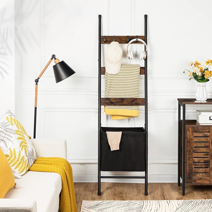 HOOBRO Blanket Ladder with Basket and 6-Tier Towel Rack with Hooks Bundle, Blanket Holder Rack, Decorative Shelf, Drying and Display Rack for Bathroom, Living Room, Rustic Brown BF31CJ01-BF66CJ01