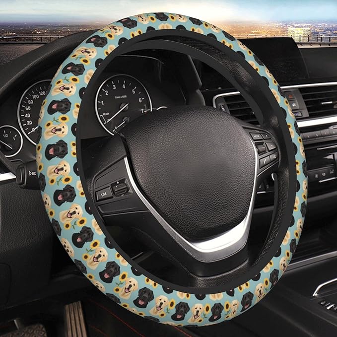Neoprene Steering Wheel Cover Labrador Floral Sunflower Dog Car Steering Wheel Cover Universal Fit for Most Cars