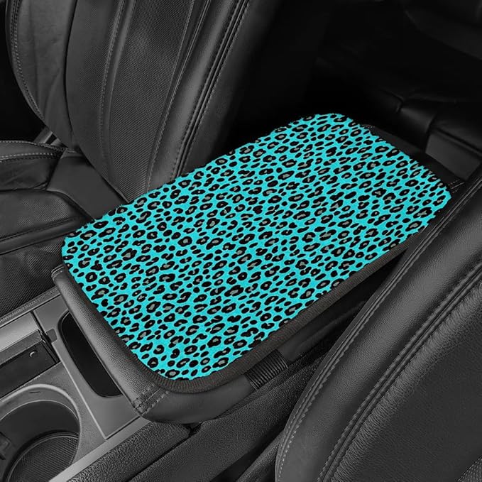 Turquoise Leopard Black Center Console Cover Pad Car Armrest Box Mat Truck Comfort Memory Foam Arm Rest Cushion Car Accessories Universal Fit 13x8 Inch