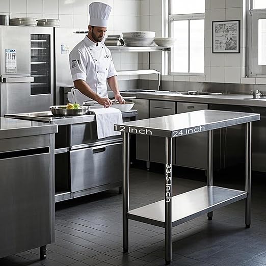 NSF Stainless Steel Table for Prep & Work with Caster 24x12 Inches, Metal Commercial Kitchen Table with Under Shelf and AdjustableTable Foot for Restaurant, Home and Hotel