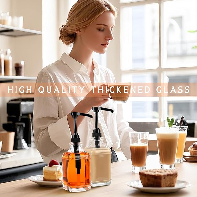 BIGIVACA Coffee Syrup Dispenser 16 oz 2 Pack,Clear Glass Syrup Bottle with 1/4oz Capacity Pump,Syrup Dispenser for Coffee Bar with Plastic Pump