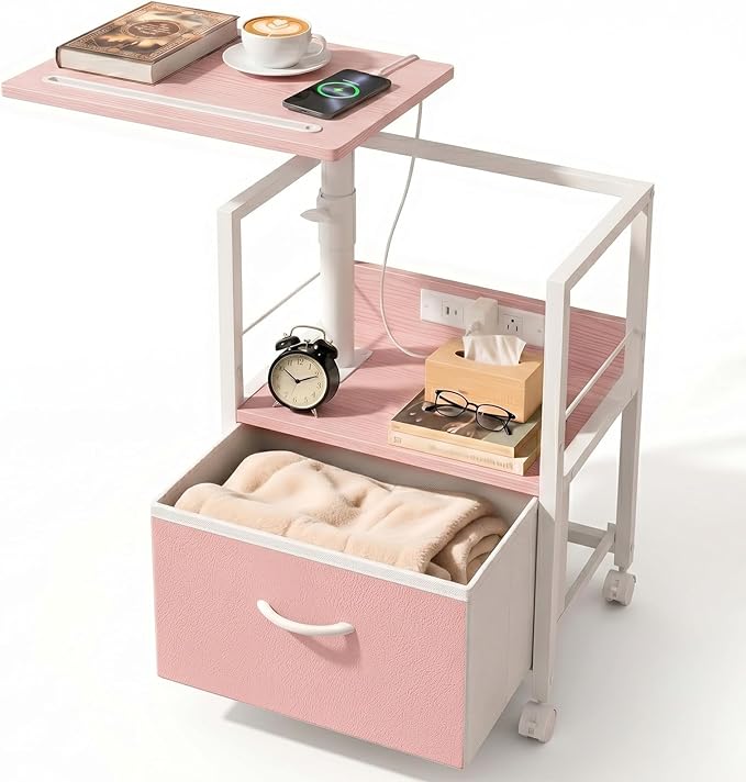 Faesun Swivel Lift Top Nightstand with Charging Station, Rolling Side Table for Recliner, Bedside Table with Wheels & a Fabric Drawer, for Small Spaces, for Bedroom, Living Room, Pink