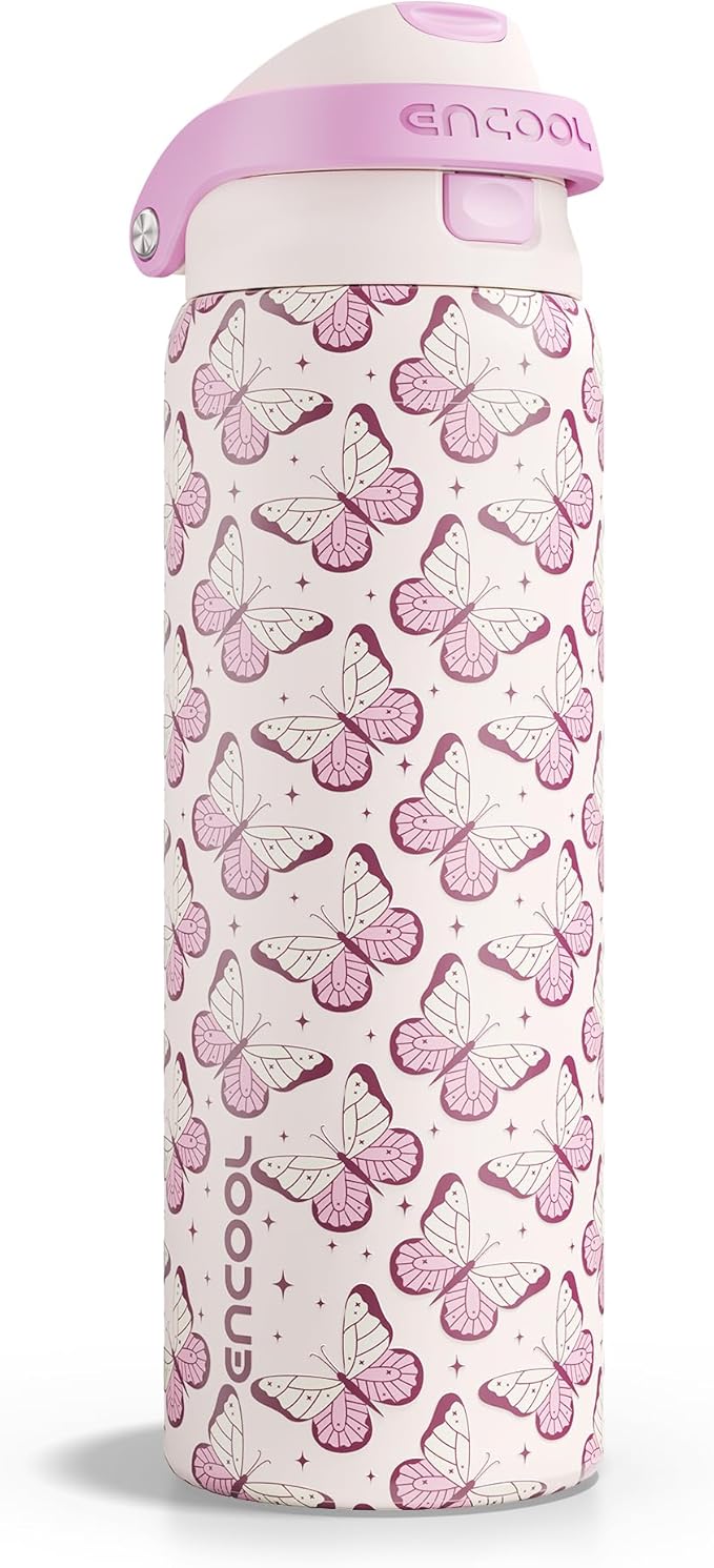 ENCOOL Leakproof Insulated Water Bottle with Straw Dual-Sip Water Bottle Bag-Safe Design for Work, Commute & Gym – Keeps Drinks Cold All Day, 32 oz, Blush Butterfly