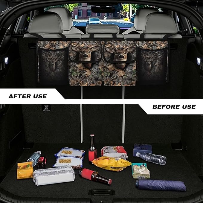 Deer Camouflage Car Storage Organizer New Version, Hanging Trunk Organizer with 4 Functional Storage Bags, Car Trunk Storage Bag for SUV Truck MPV VAN