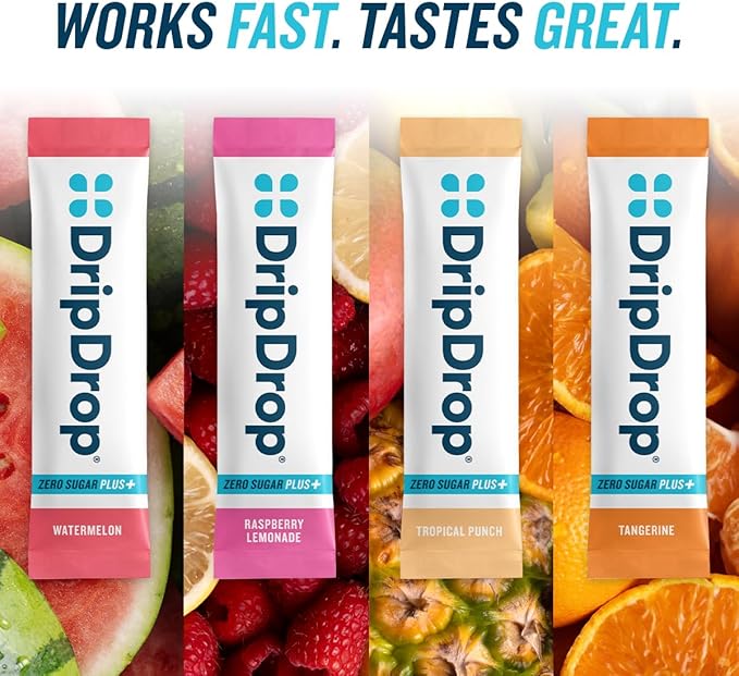 DripDrop Zero Sugar Plus - Sugar Free Hydration Packets - Single Serve Electrolytes Powder Drink Mix - Raspberry Lemonade, Watermelon, Tangerine, Tropical Punch - Non-GMO, Gluten Free, Vegan- 8 Sticks