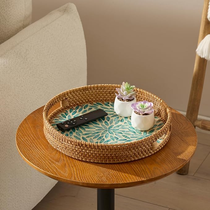 YANGQIHOME Round Rattan Tray with Handle, Mother of Pearl Inlay Decorative Wicker Basket for Coffee, Bread, Fruits, Serving Tray for Home Decor, Blue Flower