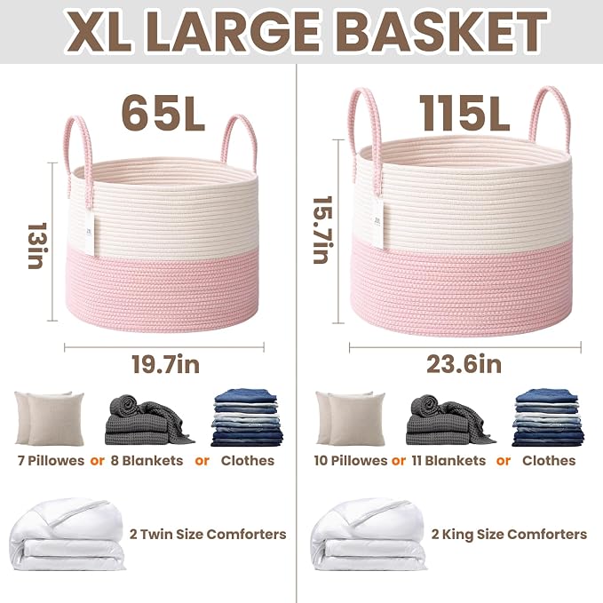 JMvicyroam 115L Extra Large Blanket Basket for Living Room - Woven Cotton Rope Laundry Hamper with Reinforced Handles - Storage Bin for Pillows, Comforters & Toys - Machine Washable,White&Pink
