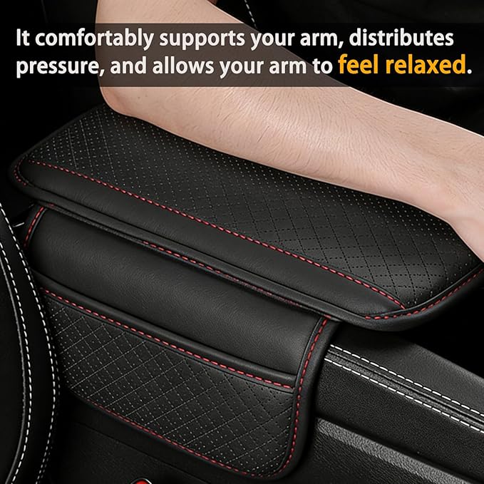 Car Armrest Cover for Mazda CX5 2012-2025, Center Console Cushion Leather Armrest Pad Protector with Storage Pockets Diamond Pattern,Red