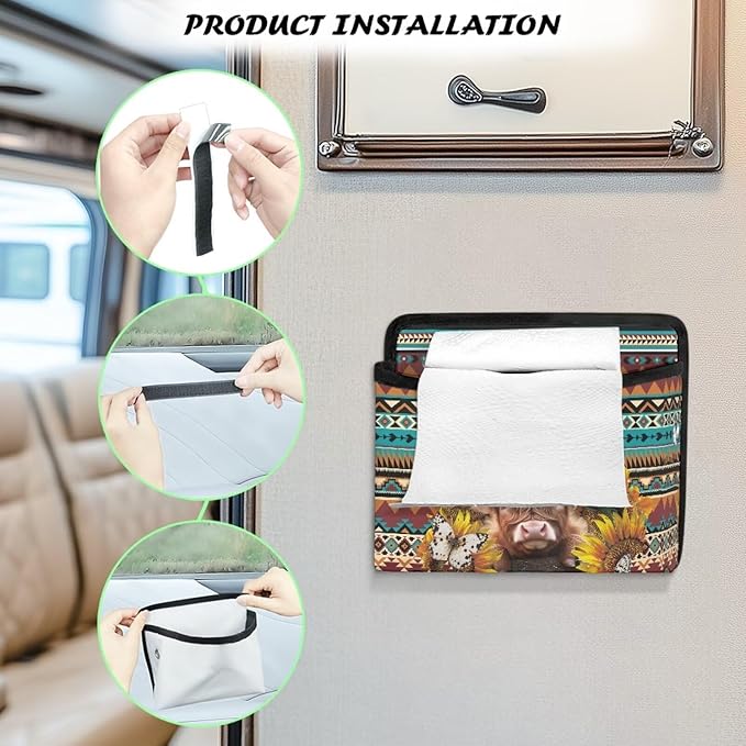 Tribal Highlands Cow Car Side Pocket Organizer Holder for Cell Phone Sunglasses Cards Front Back Seat Storage Pocket for Car Small Auto Console Door Window Storage Bag