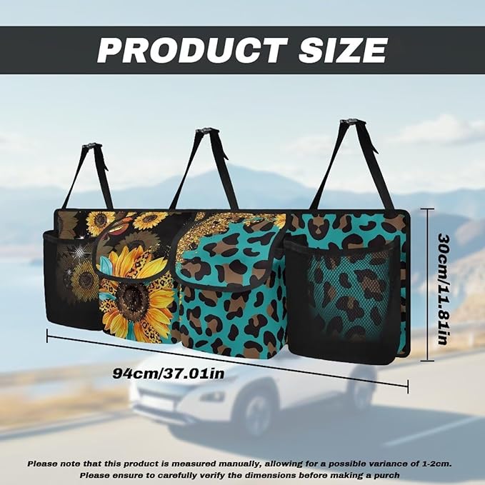 SEANATIVE Sunflowers Leopard Car Trunk Organizer, Hanging Trunk Organizer for SUV, Backseat Car Organizer with 4 Large Compartments, Car Accessories Interior, Space Saving Expert