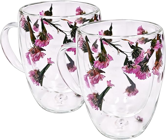 Viovian 13oz Double Wall Glass Coffee Mugs Set of 2 Insulated Glass Coffee Cups with Handles,Clear Dried Flower Tea Mug for Hot Beverages,Tea Cup Women Birthday Gifts