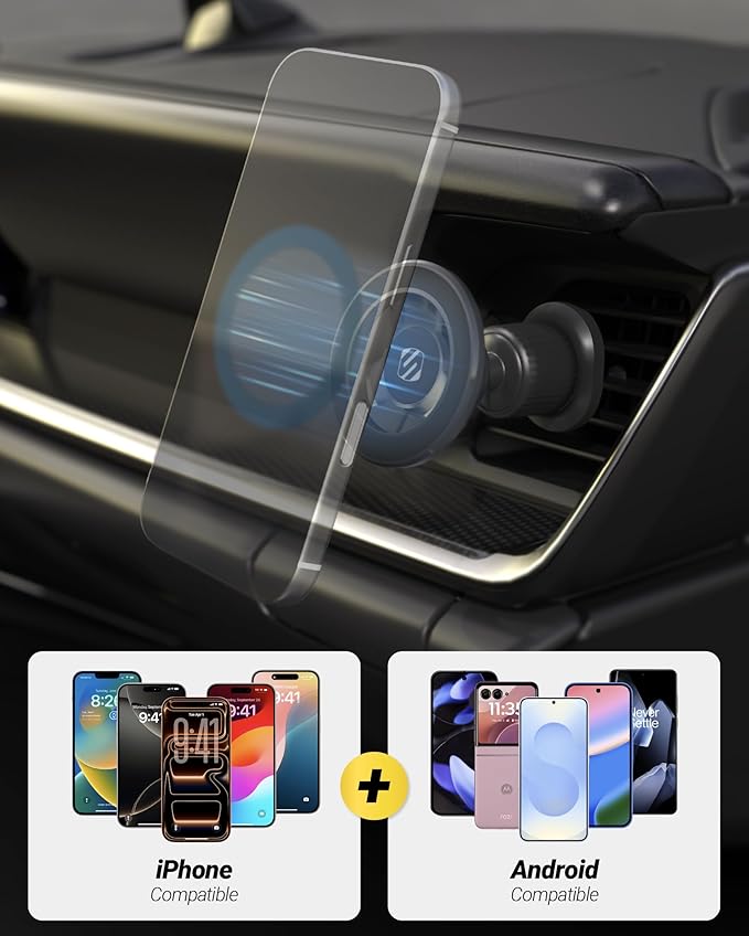 Scosche MagSafe Car Mount Vent, Magnetic Phone Holder for Car with Strong Magnets and Secure Twist-Lock Vent Clip, 360° Rotatable Car Phone Holder for iPhone 17 16 15 14 13 12, Includes Magnetic Ring