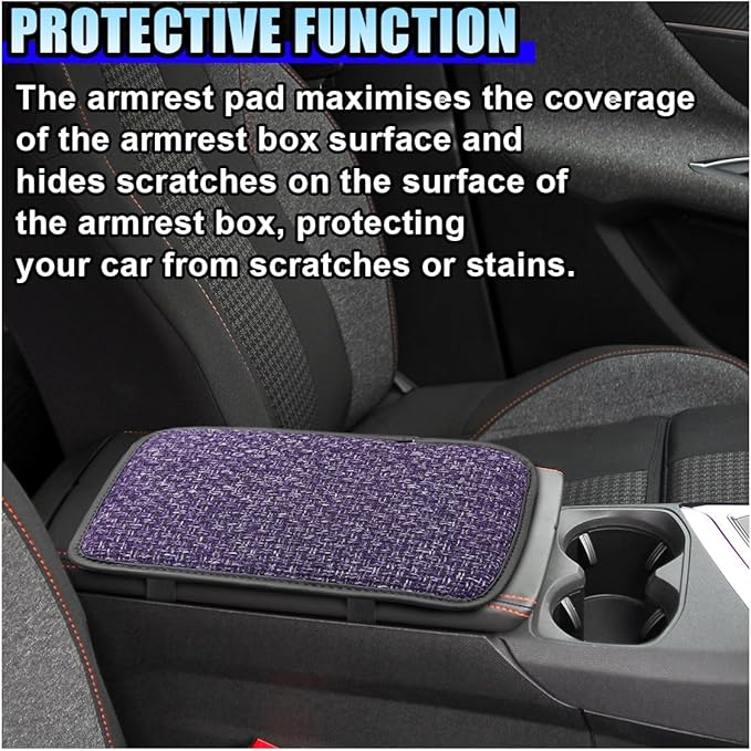 Car Center Console Armrest Pad, Linen Fabric Auto Armrest Box Protector Cover, 11.6 × 7.7 Inch Vehicle Middle Console Mat, Universal Interior Decoration Accessory for Car, SUV, Truck (Purple)
