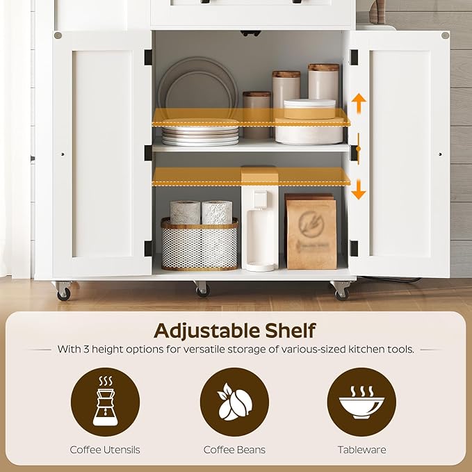Kitchen Island with Storage, Mobile Rolling Cart with Trash Can Storage, Kitchen Island on Wheels, Rolling Island Table with Charging Station, Paper Holder, for Kitchen, White ZD02UWN