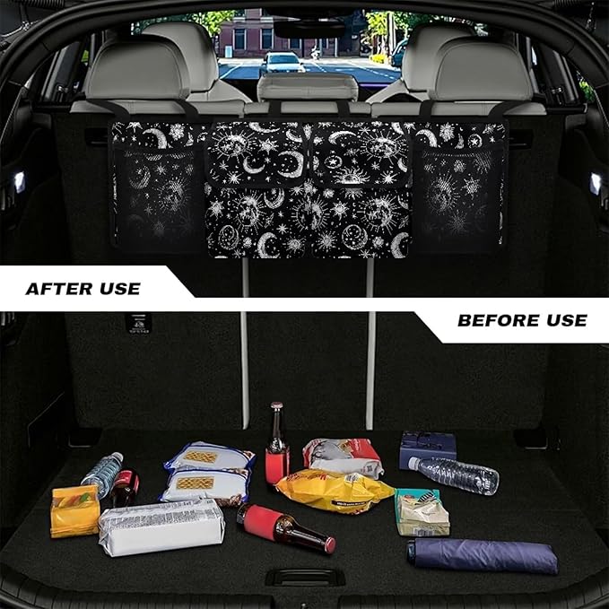 Moon Star Car Trunk Organizer and Storage, Backseat Hanging Organizer for SUV, Truck, Waterproof, Collapsible Cargo Storage Bag with 4 Pockets, Car Interior Accessories for Men Women