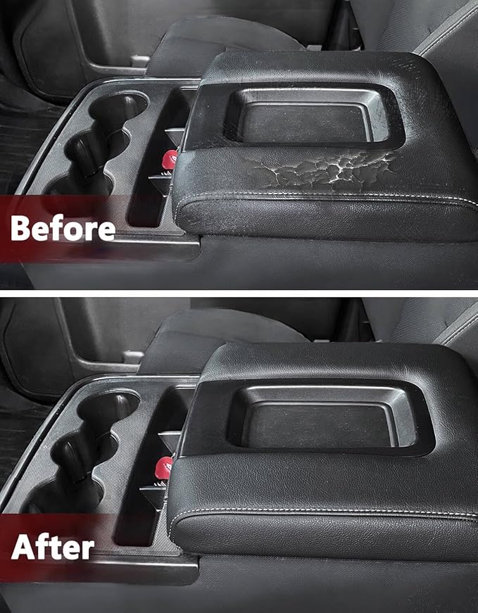 KBH Auto Center Console Armrest Cover Replacement for Chevrolet Silverado & GMC Sierra 1500 2500 3500 2014-2018, Vinyl Leather Middle Console Lid Upholstery, Split Bench Jump Seat (Black-Gray Stitch)