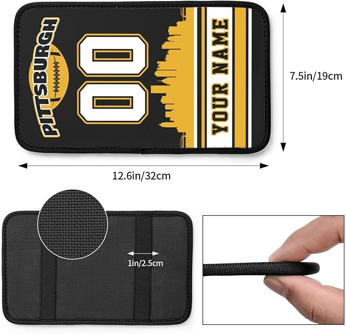 Custom Pittsburgh Car Armrest Covers Personalized Football Style with Name Number Customized Auto Center Console Pad Car Handrail Box Cushion for Most Vehicle Decor Accessories, Fans Gift