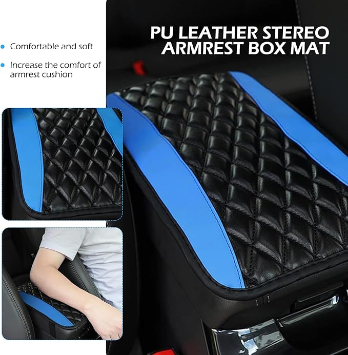 Car Center Console Cover, Leather Waterproof Car Armrest Cover Cushion, Auto Center Console Cushion Pad, Auto Interior Accessories for Most Vehicle, SUV, Truck (Blue)