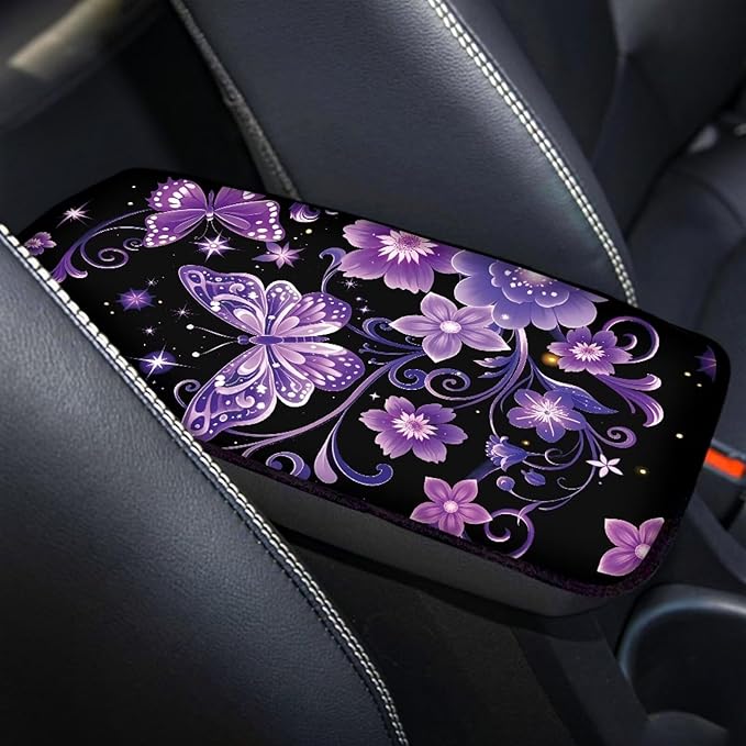 Purple Butterfly Car Center Console Cover Soft Arm Rest Cover Car Easy to Install Cars Interior Automotive Universal Size Fit for Most Cars SUVs Trucks Vans