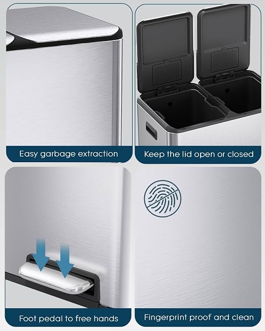 ComfyCorner 16 Gal (2 x 30 L) Dual Trash Can, Stainless Steel Kitchen Garbage Bin, Recycle Dustbin with Odor Control Box, Soft-Close Lid, Inner Buckets, Side Handle, Step Pedal, for Home Office