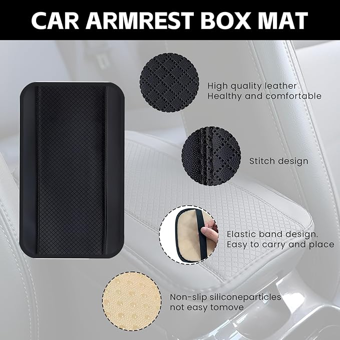Leather Car Center Console Cushion Pad, 7.5"×12.8" Waterproof Auto Armrest Box Protector, Comfortable Armrest Seat Box Cover for Car SUV Truck, Vehicle Interior Accessories (Black)