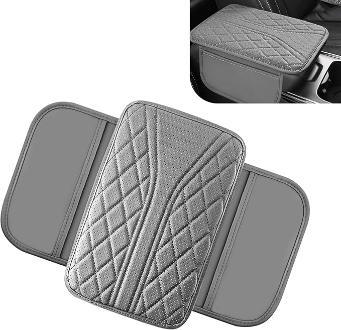 Car Center Console Cover, Leather Vehicle Armrest Protector Cushion with 2 Side Storage Bags, Auto Breathable Middle Interior Accessories, Universal for SUV, Sedan, Truck (Gray)