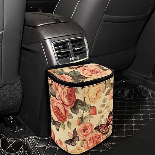 Rose Car Trash Can Hanging,Vintage Rose Floral Butterfly Auto Garbage Bag with Lid Seat Leak Proof Easy to Install Universal Fit Most Vehicle Back/Front/Console of Any Cars,Rose Car Accessory