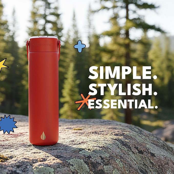 Elemental 24oz Insulated Water Bottle with Straw - 100% Leak-Proof Stainless Steel Core Water Bottles for Travel, Sports and Gym - Double Wall Insulation & BPA Free - Red