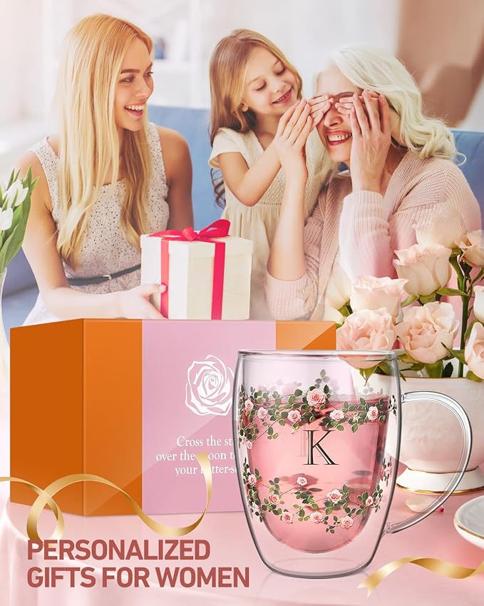 Initial Glass Cup for Women, 12oz Rose Double Walled Glass Coffee Mugs, Personalized Gifts for Women, Initial Coffee Tea Mug with Scarf, Birthday Gifts for Her Mom Friends (ROSE-S)