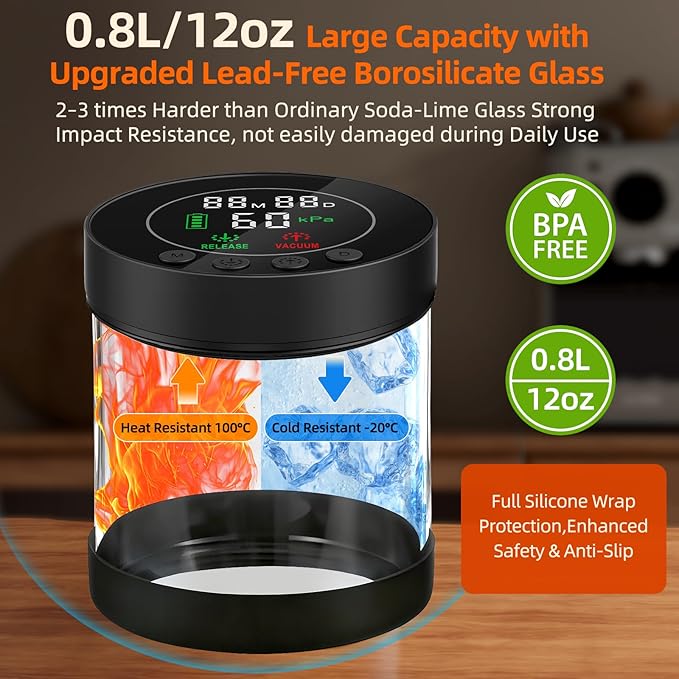 Automatic Vacuum Coffee Canister, 0.8L Airtight Food Storage Containers with Smart Pressure Sensor, Electric Coffee Bean Container Rechargeable with LED Display Window for Home Kitchen Food Storage