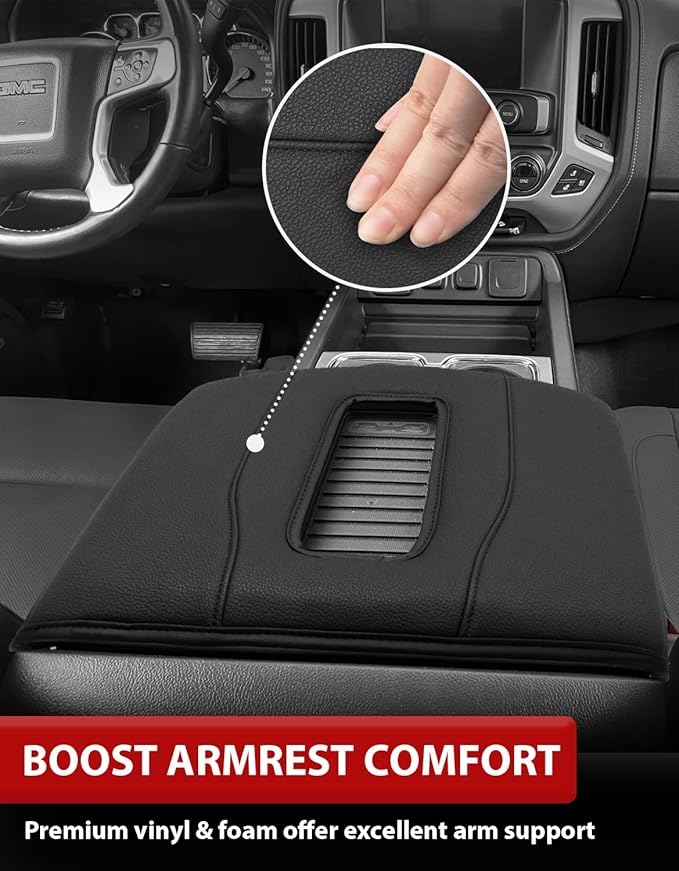 KBH Center Console Armrest Cover for Chevy Silverado, GMC Sierra 2014-2018 & Tahoe Yukon Suburban 2015-2020, Middle Console Lid Protector with Middle Cut, Black (Fits Bucket Seat Only)
