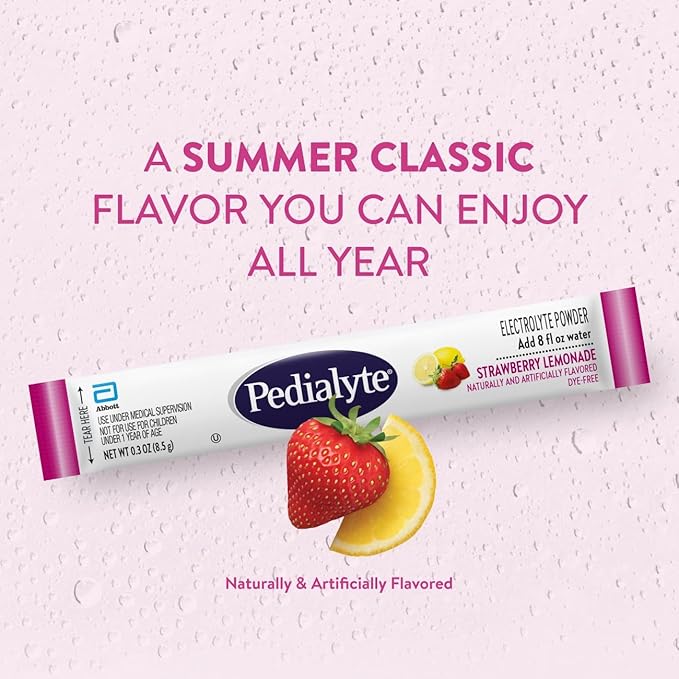 Pedialyte Electrolyte Powder, Hydration Drink for Kids & Adults, Strawberry Lemonade, 8 Powder Packets