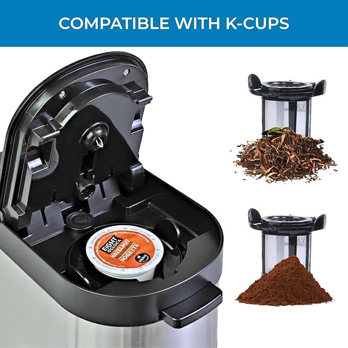 Kenmore Single Serve Coffee Maker – Compatible with Keurig K‑Cup Pods & Ground Coffee, One Cup Brewer, 6–14 Oz Brew Sizes, Travel Mug Friendly, Auto Shut‑Off, Hot & Iced Maquina de cafe, Black