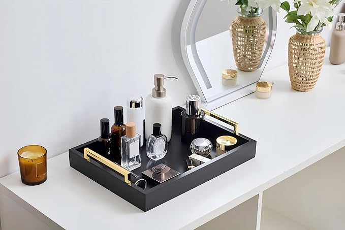 16"x12" Serving Trays with Handles, Black Decorative Serving Tray, Ottoman Trays for, Living Room, Bathroom, and Outdoors Decorative Trays (Black)