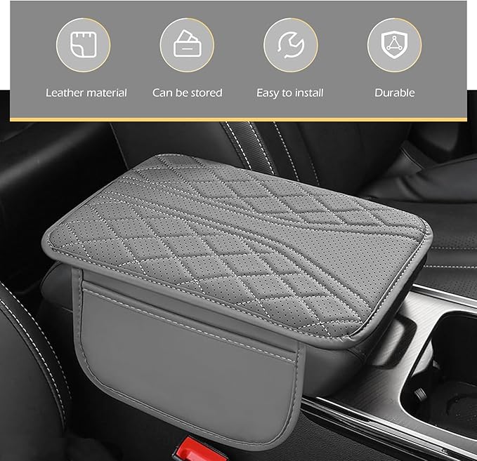 Car Center Console Cover, Leather Vehicle Armrest Protector Cushion with 2 Side Storage Bags, Auto Breathable Middle Interior Accessories, Universal for SUV, Sedan, Truck (Gray)