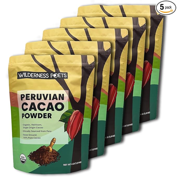Wilderness Poets, Organic Cacao Powder. Raw, Unsweetened, 100% Peruvian Heirloom Cacao (Criollo Variety) - 4 Pound (Pack of 5) Bulk Size