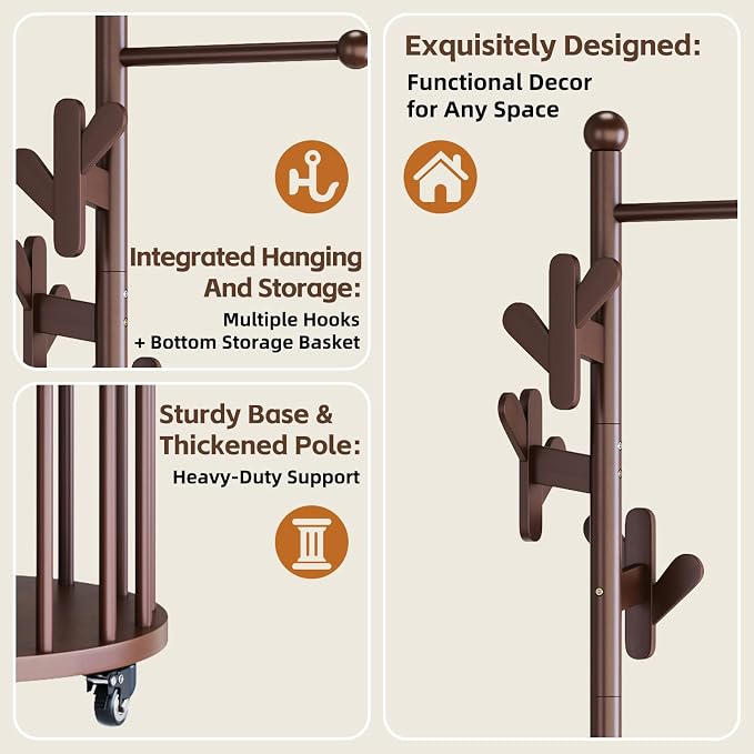 Uniclinens Freestanding Wooden Coat Rack with Umbrella Holder，Walnut Coat Rack with Hooks, Space-Saving Entryway Organizer for Hanging Clothes and Storing Towels, Bedroom, Living Room