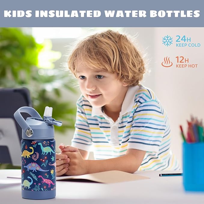 Kids Insulated Water Bottle with Straw Lid, 12 oz BPA-FREE Double Wall Vacuum Tumbler 18/8 Stainless Steel Leak Proof Kids Cups with Straw for School Travel Boys Girls (Dinosaur)
