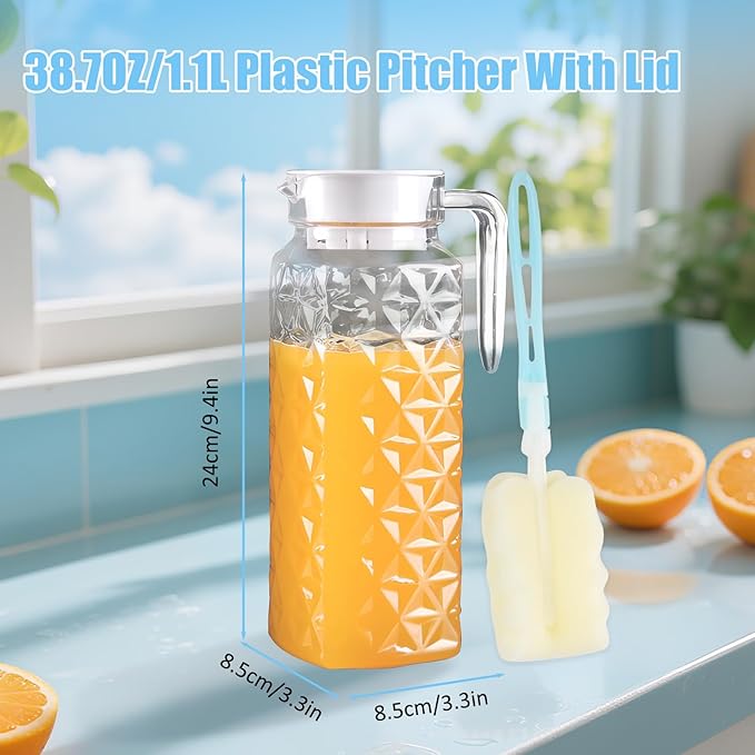 1 Pack 1.1L Plastic Jugs with Lid and Handle, Acrylic Juice Jug, Transparent Fridge Water Pitcher, Unbreakable, Easy to Clearn Water Jug for Iced Tea, Lemonade, Cold or Hot