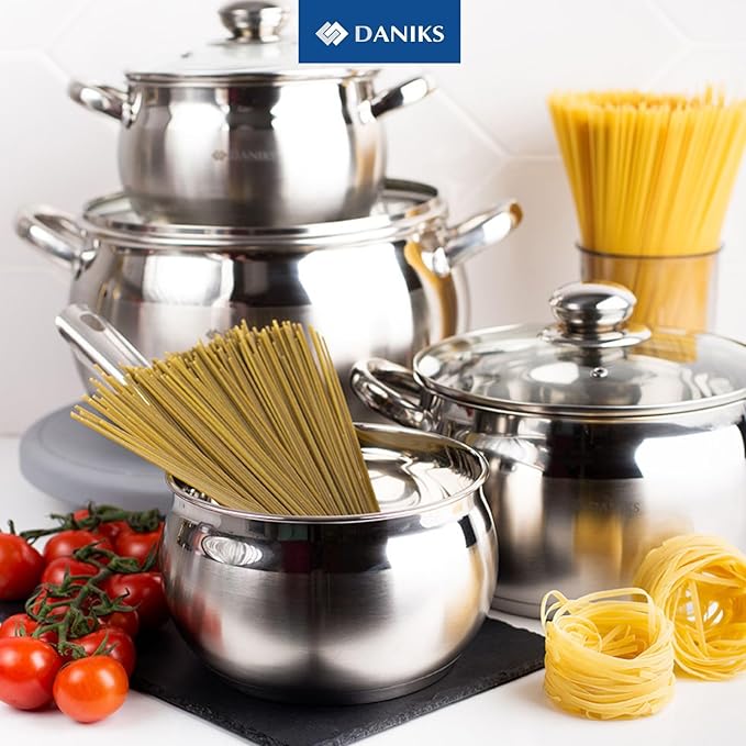 Daniks Classic 4 Quart Stainless Steel Stock Pot with Glass Lid, Tri-Ply Bottom for Even Heating, Induction Compatible, Dishwasher Safe