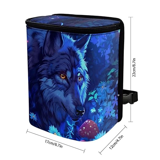 Fantasy Blue Wolf Car Trash Can, Hanging Zipper Design Garbage Bin for Backseat