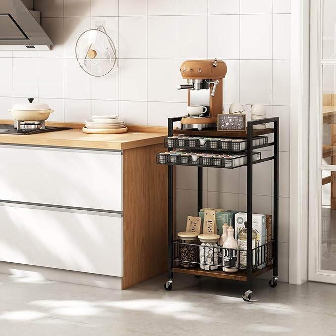 Miratino Coffee Bar Stand Station Cart, Coffee Pod Holder Drawer for 84 Coffee Pods Storage, Coffee Cart with Wheels, Stylish Home or Office Coffee Bar Station Organizer, Rustic Brown