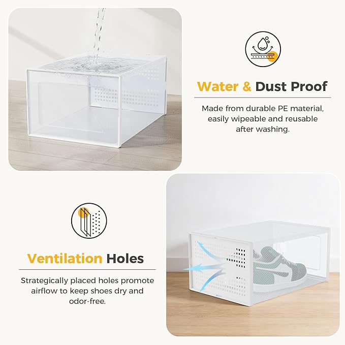 Sweetcrispy Shoe Storage Boxes, Clear Plastic Stackable Shoe Rack Organizer with Lids for Closet, Foldable Sneaker Container, Under Bed and Entryway, 15 Pack, Clear White
