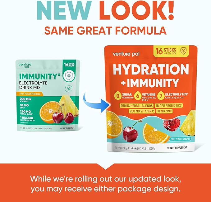 Venture Pal 2-in-1 Hydration + Immune Electrolytes Powder Packets with 7 Electrolytes & 6 Vitamins, Elderberry, Turmeric, Echinacea | Liquid Daily IV Drink Mix | Sugar Free | Keto Friendly, 16 Sticks