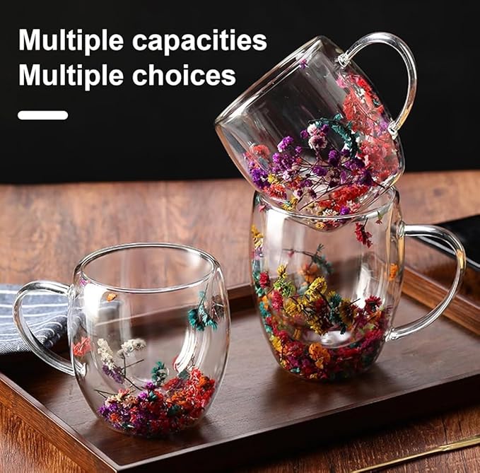 Leilanis Double Wall Glass Coffee Mug, Floral Design, Transparent Cup with Autumn Flowers (style 1)