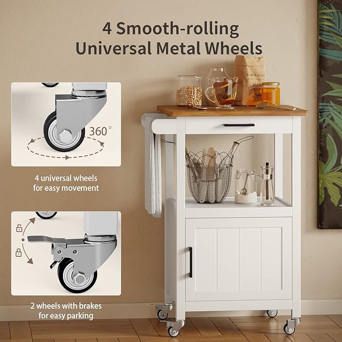 Kitchen Cart with Drawer, Small Kitchen Island on Wheels, Microwave Cart, Small Home Coffee Bar, Microwave Stand, Rolling Kitchen Island Cart with Side Hook, White