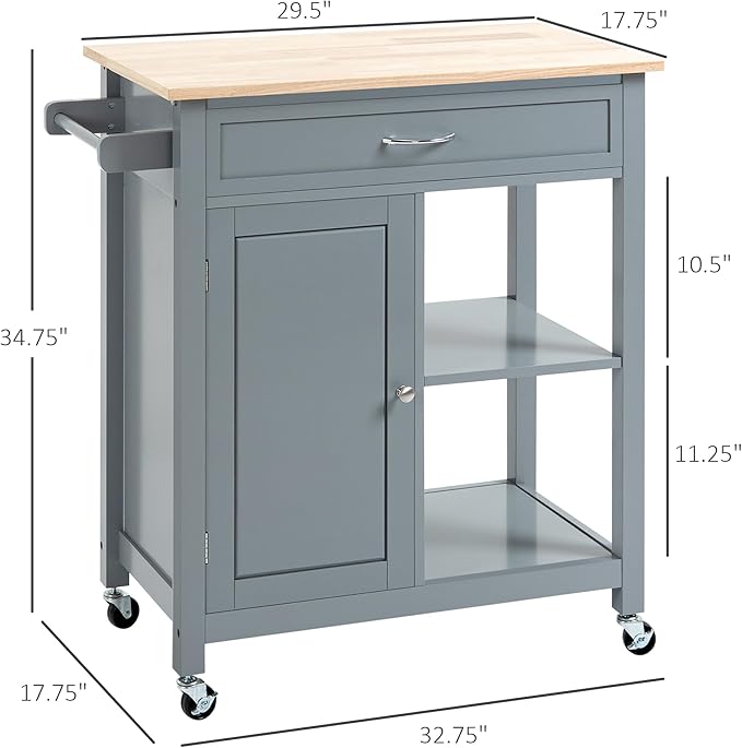HOMCOM Kitchen Island Cart, Rolling Kitchen Island with Storage Shelf, Solid Wood Top, Drawer, for Dining Room, Gray