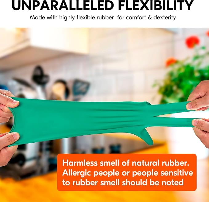 Vgo... 5-Pairs Reusable Household Gloves, Rubber Dishwashing gloves, Extra Thickness, Long Sleeves, Kitchen Cleaning, Working, Painting, Gardening, Pet Care (Size M, Green, HH4601)