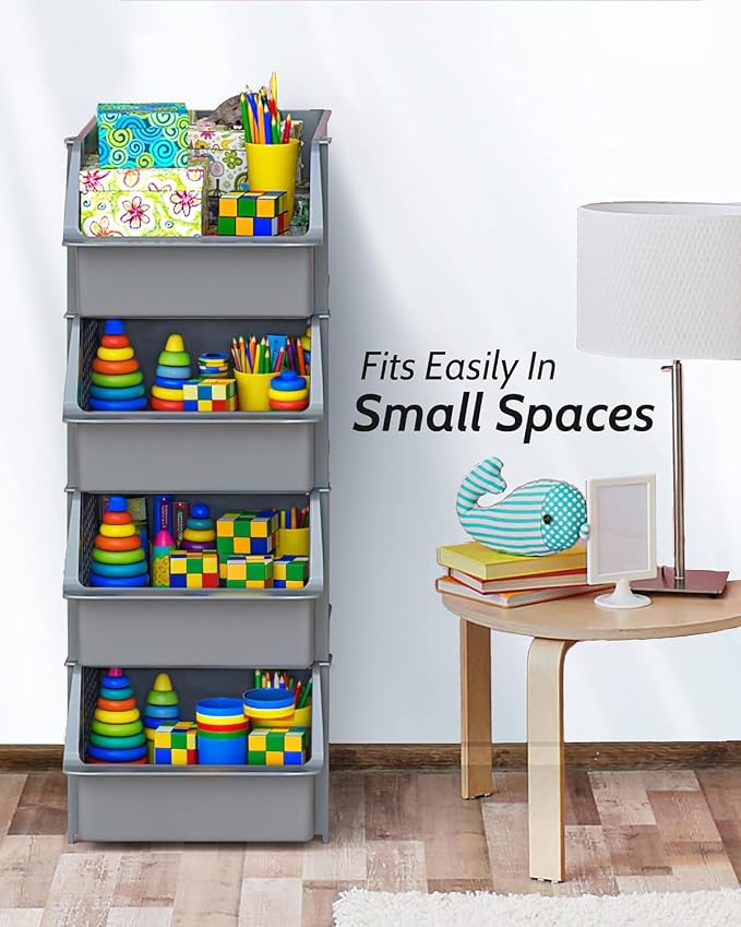 Skywin Stackable Storage Bins Open Front for Pantry Storage, 4 Pack - Grey | Sturdy Plastic, Easy Stacking, Open Front Access, Ventilated Sides, Vertical & Space Saving Pantry Organizers and Storage Bin
